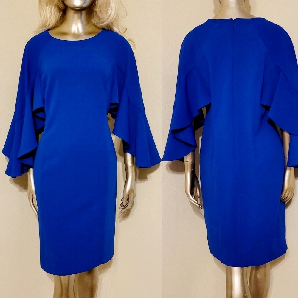 Bright Blue Ruffle Sleeve Midi Shift Dress Sz 6